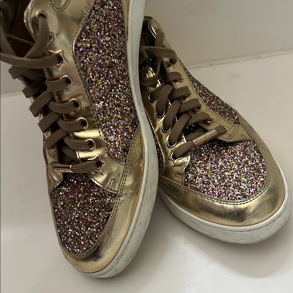 Jimmy Choo Gold and Multicolor Glitter Sneakers